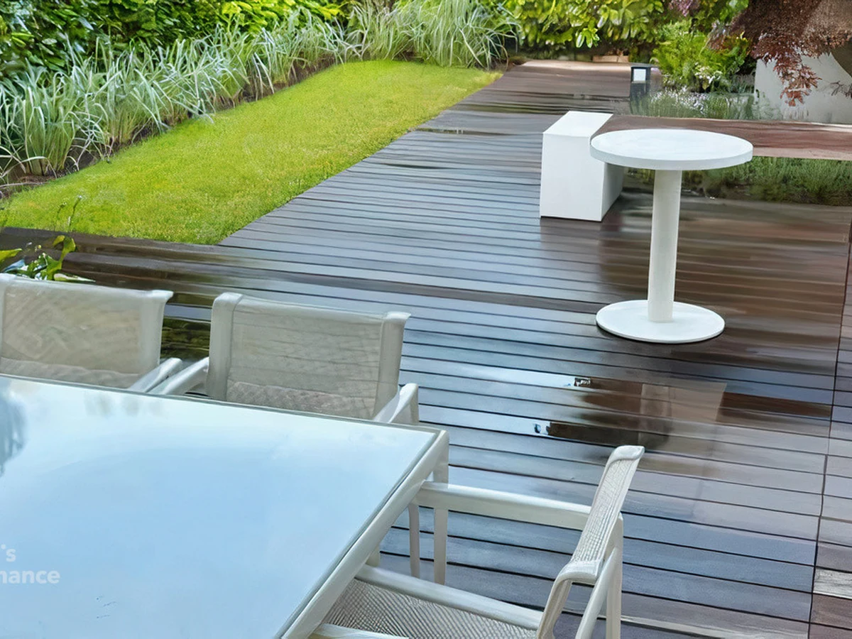 Deck painting modern garden deck in Cheltenham by Cheltenham Decorators, professional deck painters
