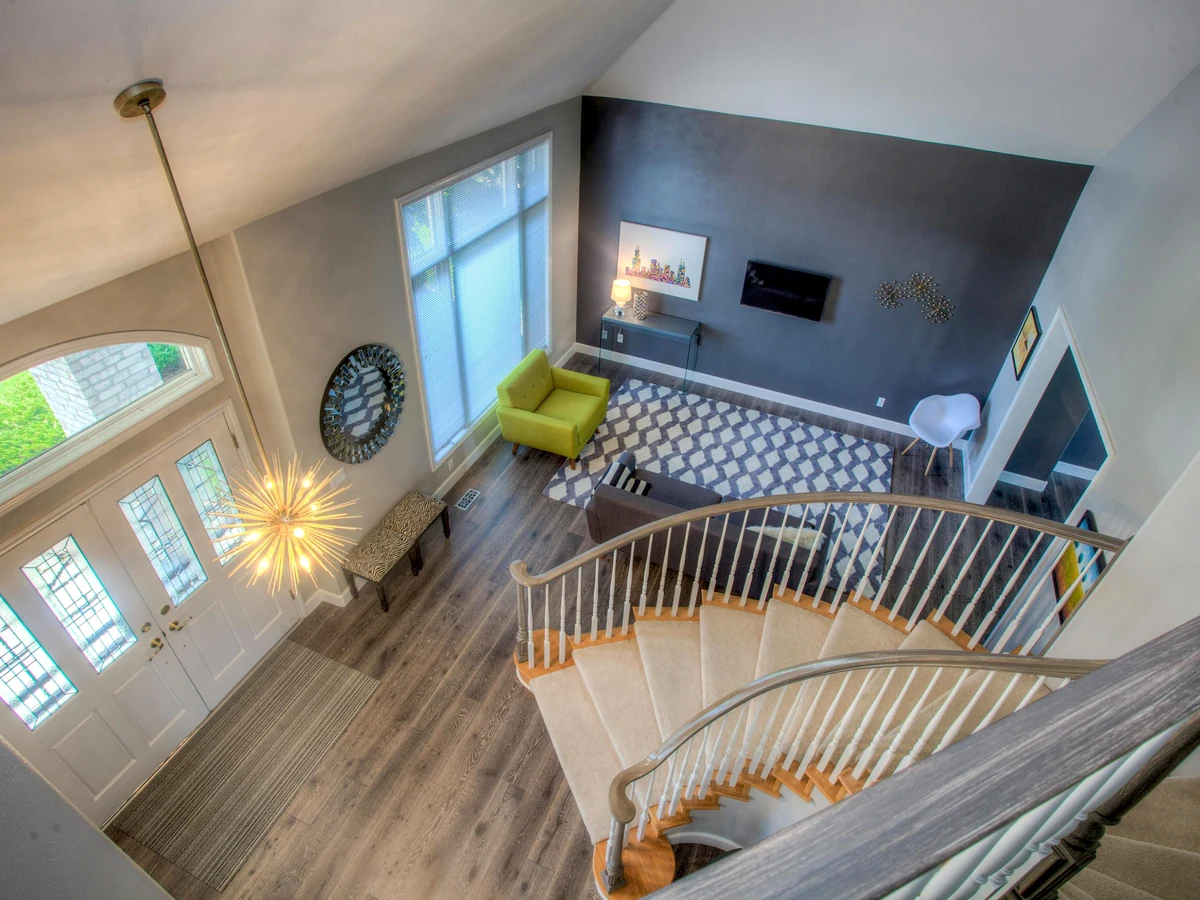 Aerial view of open staircase painting in Cheltenham by Cheltenham Decorators